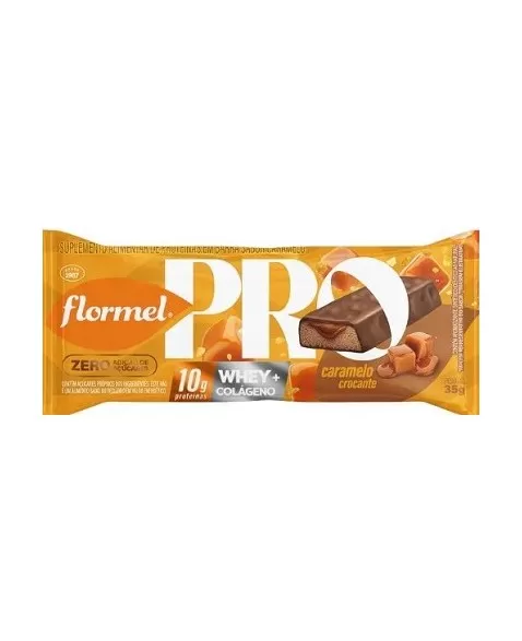 FlormelPro é a mais nova linha da Flormel. A barra de proteína sabor caramelo crocante é coberta com chocolate ao leite e crispi